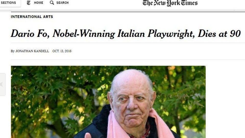 Da New York Times a El Pais il ricordo di Fo 'fustigatore del potere'