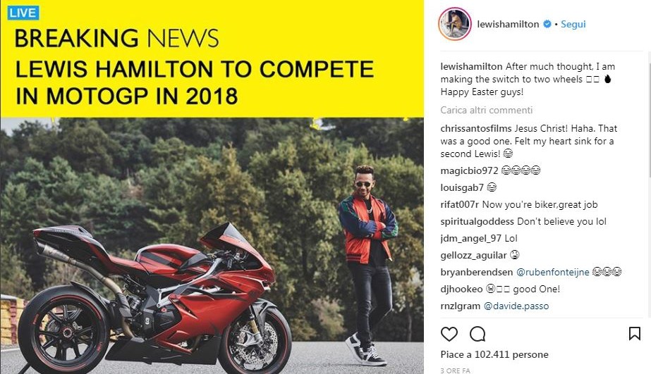 Hamilton annuncia: “Correrò in MotoGp”. Ma è un pesce d’aprile