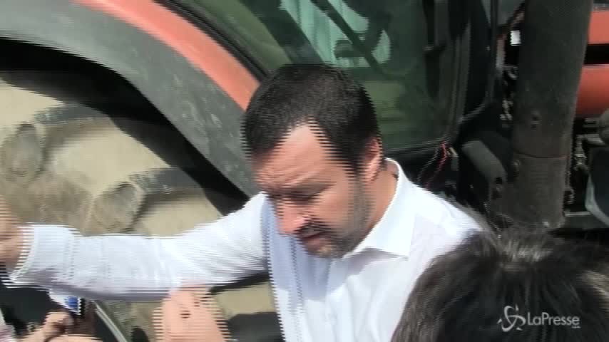 Salvini sale sul trattore della mucca Ercolina