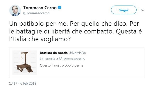 Nuovi attacchi omofobi a Cerno: minacce di morte su Twitter