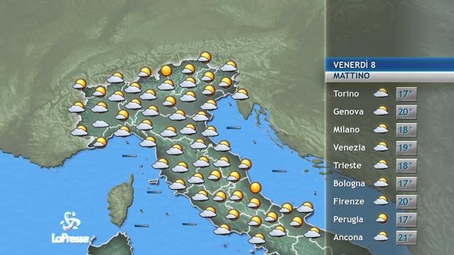 Il tempo previsto venerdì 8 settembre