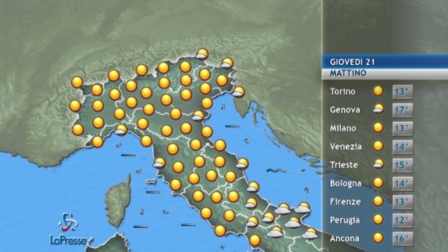 Il tempo previsto giovedì 21 settembre 2017