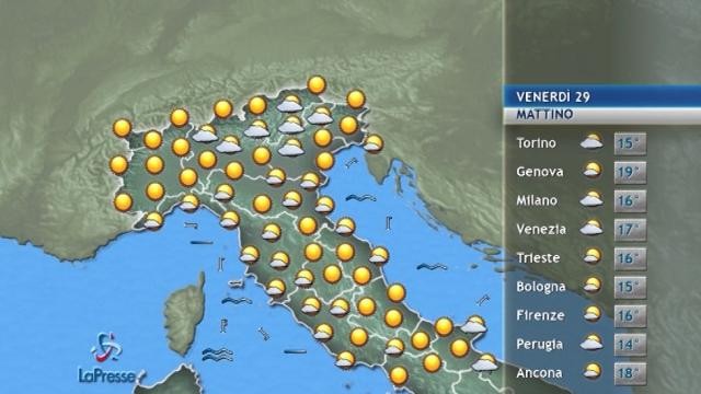 Il tempo per venerdì 29 settembre