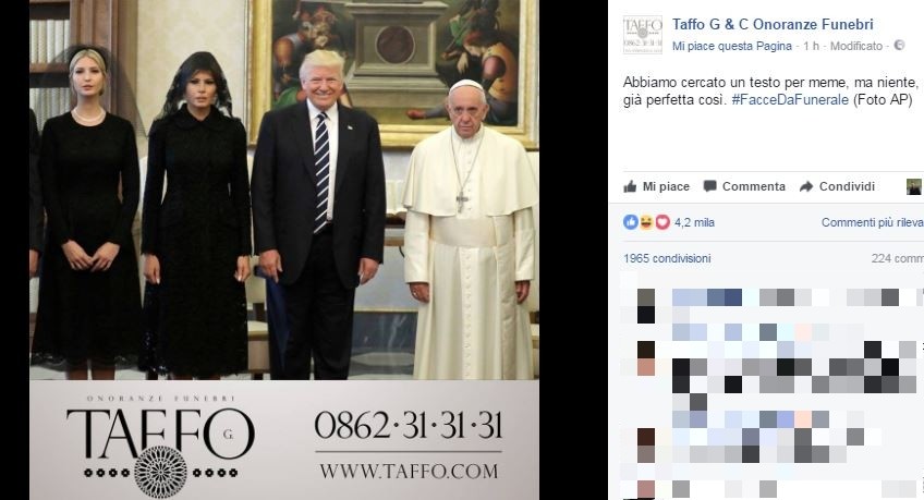 Trump e Papa diventano spot per onoranze funebri: Facce da funerale