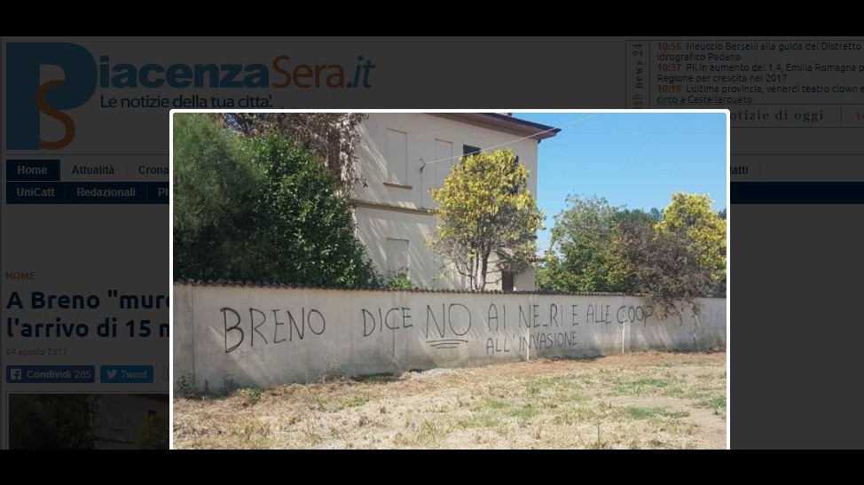 Scritte razziste contro l’arrivo di 15 migranti nel Piacentino