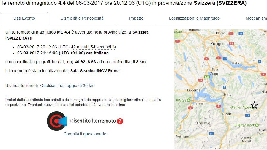 Terremoto, scossa 4.4 in Svizzera avvertita nel nord Italia