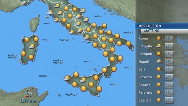 Il tempo previsto mercoledì 9 agosto