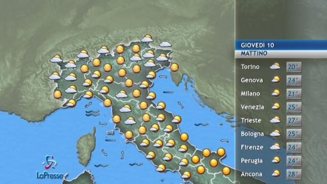 Il tempo previsto giovedi 10 agosto