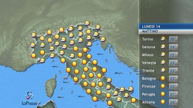 Il tempo previsto per lunedì 14 agosto