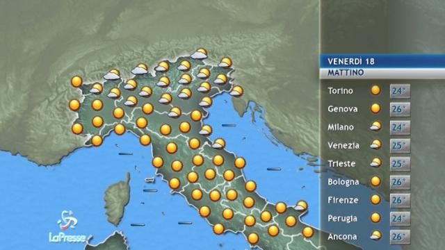 Il tempo previsto per venerdì 18 agosto
