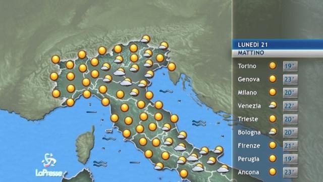 Il tempo previsto per lunedì 21 agosto