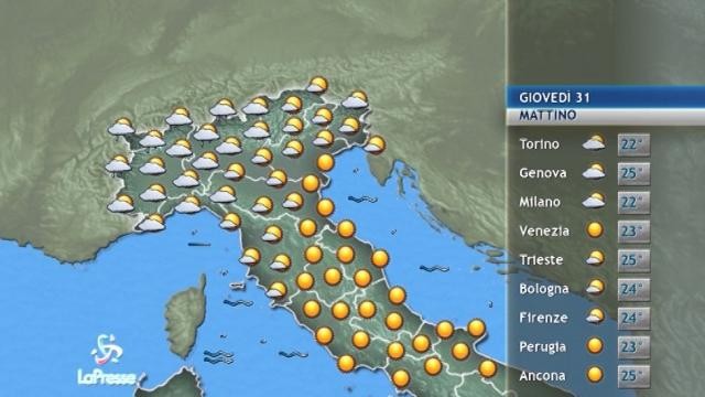 Il tempo previsto giovedì 31 agosto
