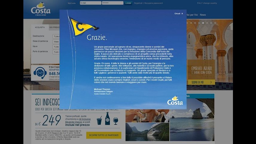 Costa Concordia, società compra pagina su quotidiani: Grazie a tutti