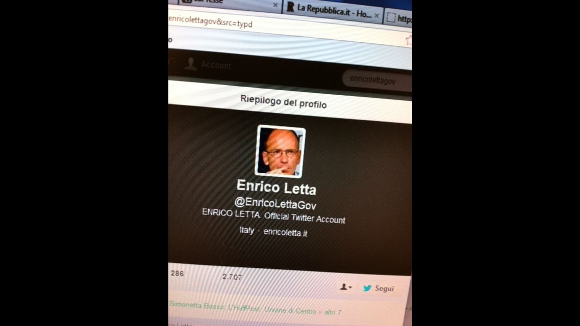 Spunta nuovo account twitter Letta premier. Ma è falso