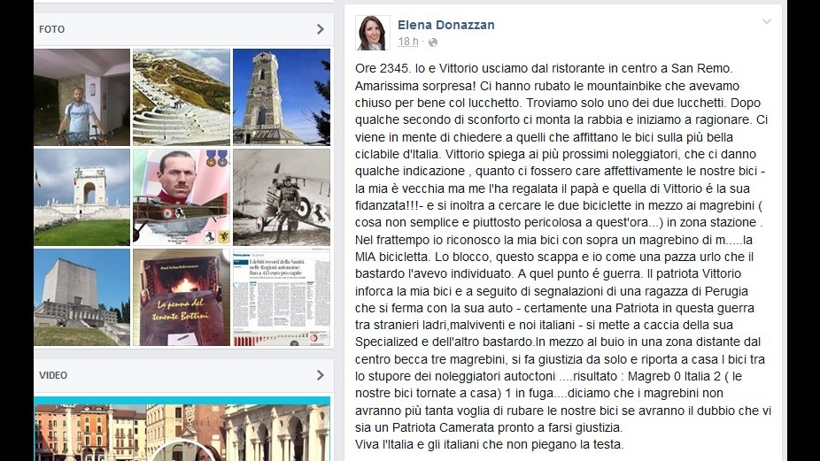 Assessora Donazzan, le rubano la bici e lei su Facebook: Magrebino di m…