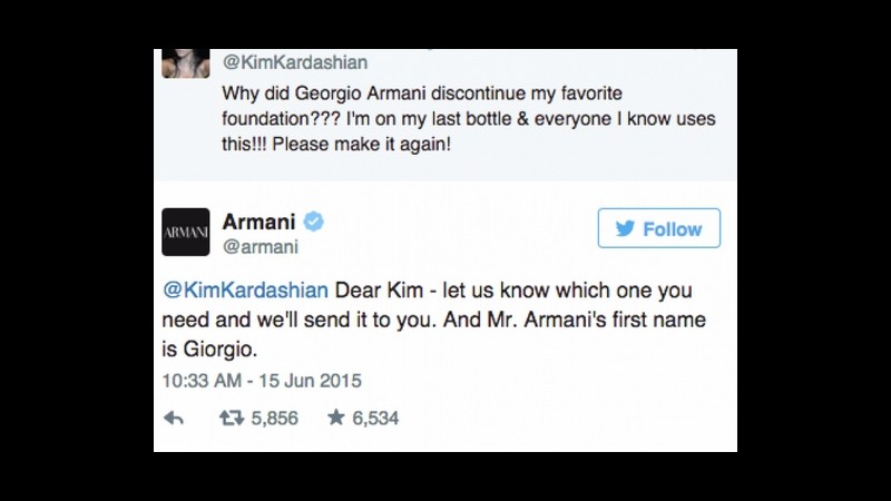 Armani, tweet gaffe di Kim Kardashian: Mi chiamo Giorgio, non Georgio