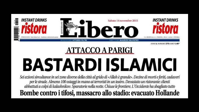Parigi, Feltri: Titolo ‘Bastardi islamici’? Non credo sia esagerato