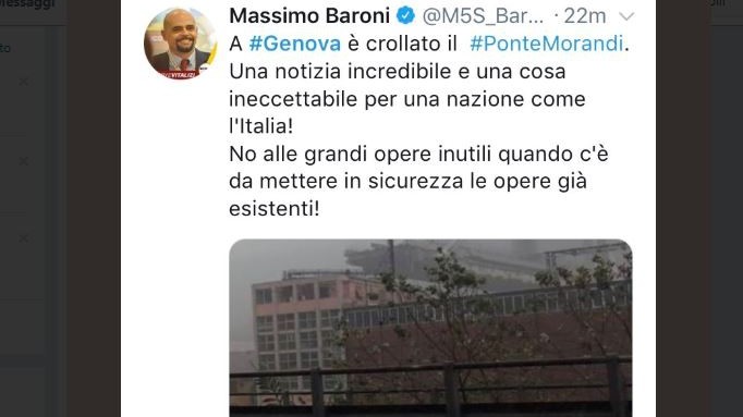 Genova, da Baroni (M5S) tweet contro grandi opere, poi lo rimuove. Web insorge: “Sciacallo”
