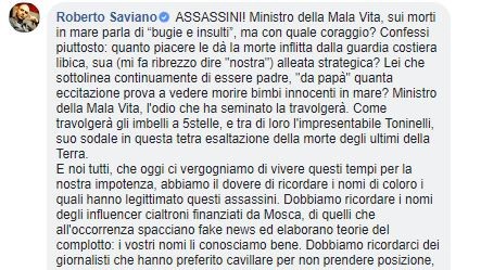 Migranti, Saviano a Salvini: “Quanto piacere provi a vedere bimbi morire?”. E lui lo querela