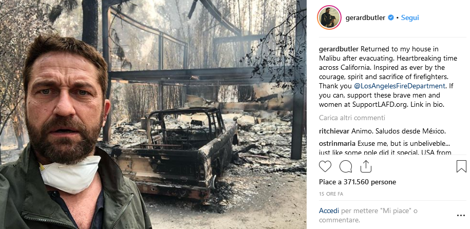 Incendi in California, distrutta anche la casa di Gerard Butler: “Momenti terribili”