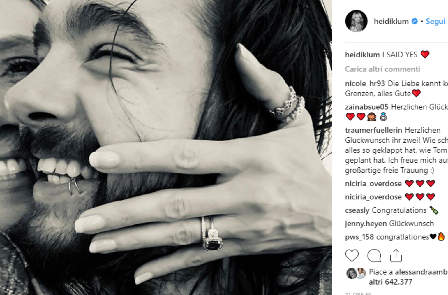 Heidi Klum Mostra L Anello Di Fidanzamento Su Instagram Ho Detto Si A Tom Kaulitz Lapresse