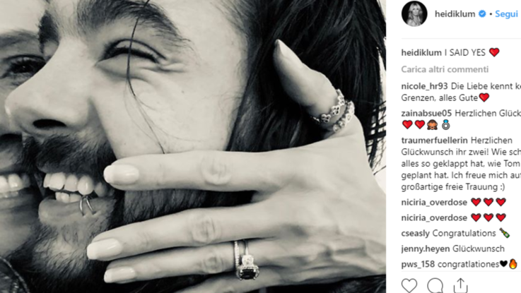 Heidi Klum mostra l'anello di fidanzamento su Instagram: "Ho detto sì a Tom Kaulitz"