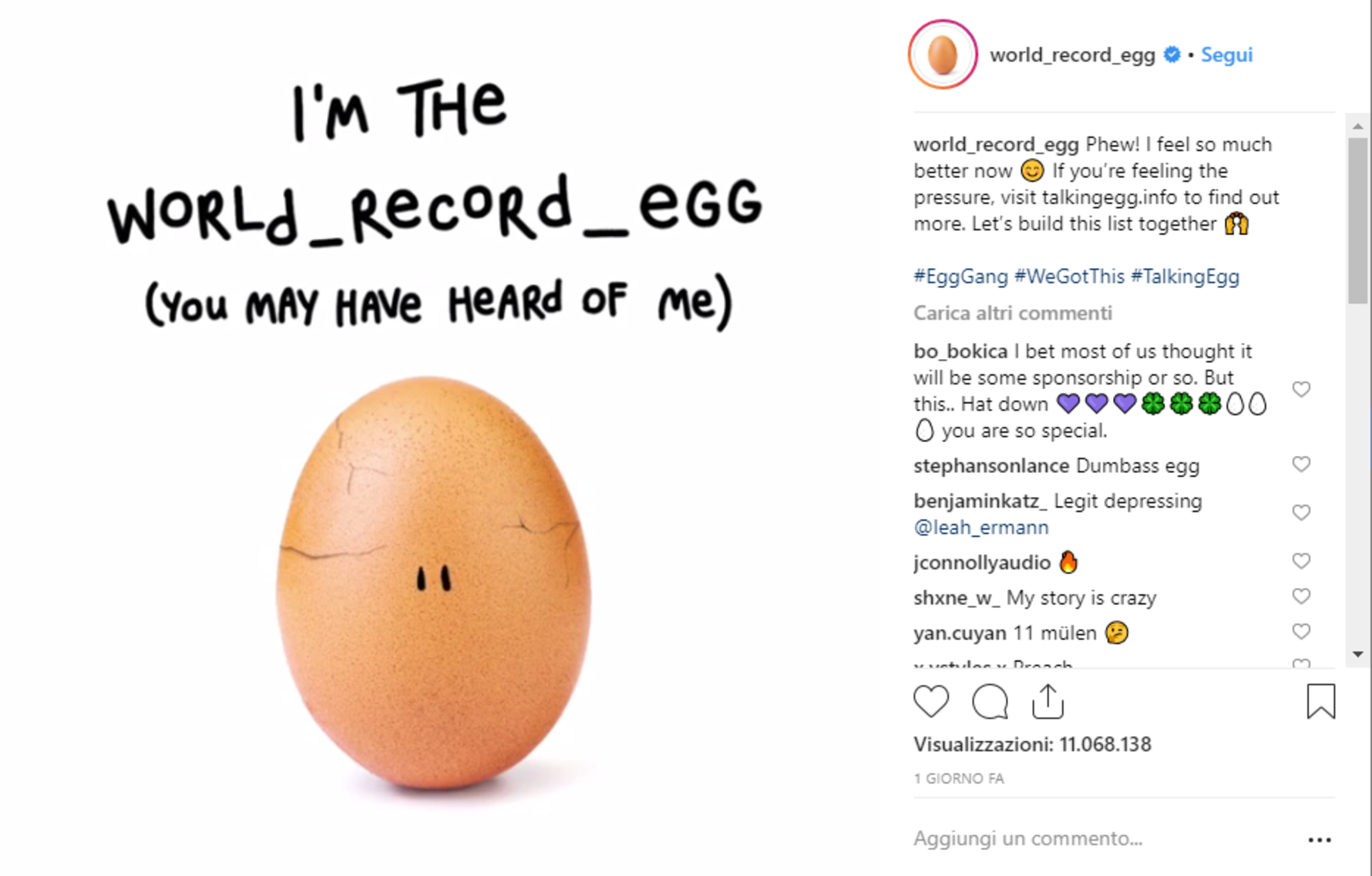 Uovo ‘campione di like’ su Instagram: svelato il mistero su Eugene