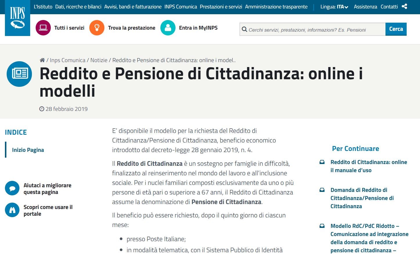 Reddito e pensione di cittadinanza ecco i moduli dell'Inps per