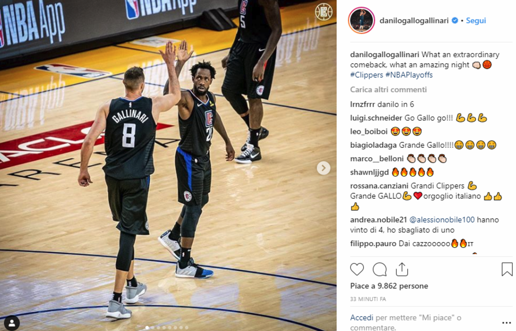 Playoff Nba, impresa Gallinari: i Clippers ribaltano i Warriors