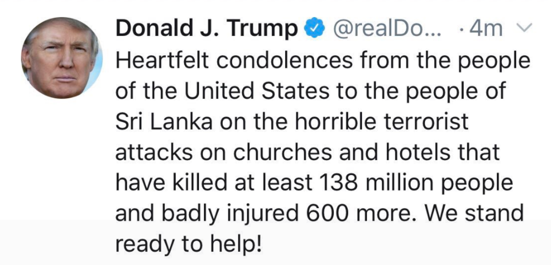 Sri Lanka, Trump condanna gli attacchi, ma spunta la gaffe: su Twitter scrive ‘138 milioni di morti’