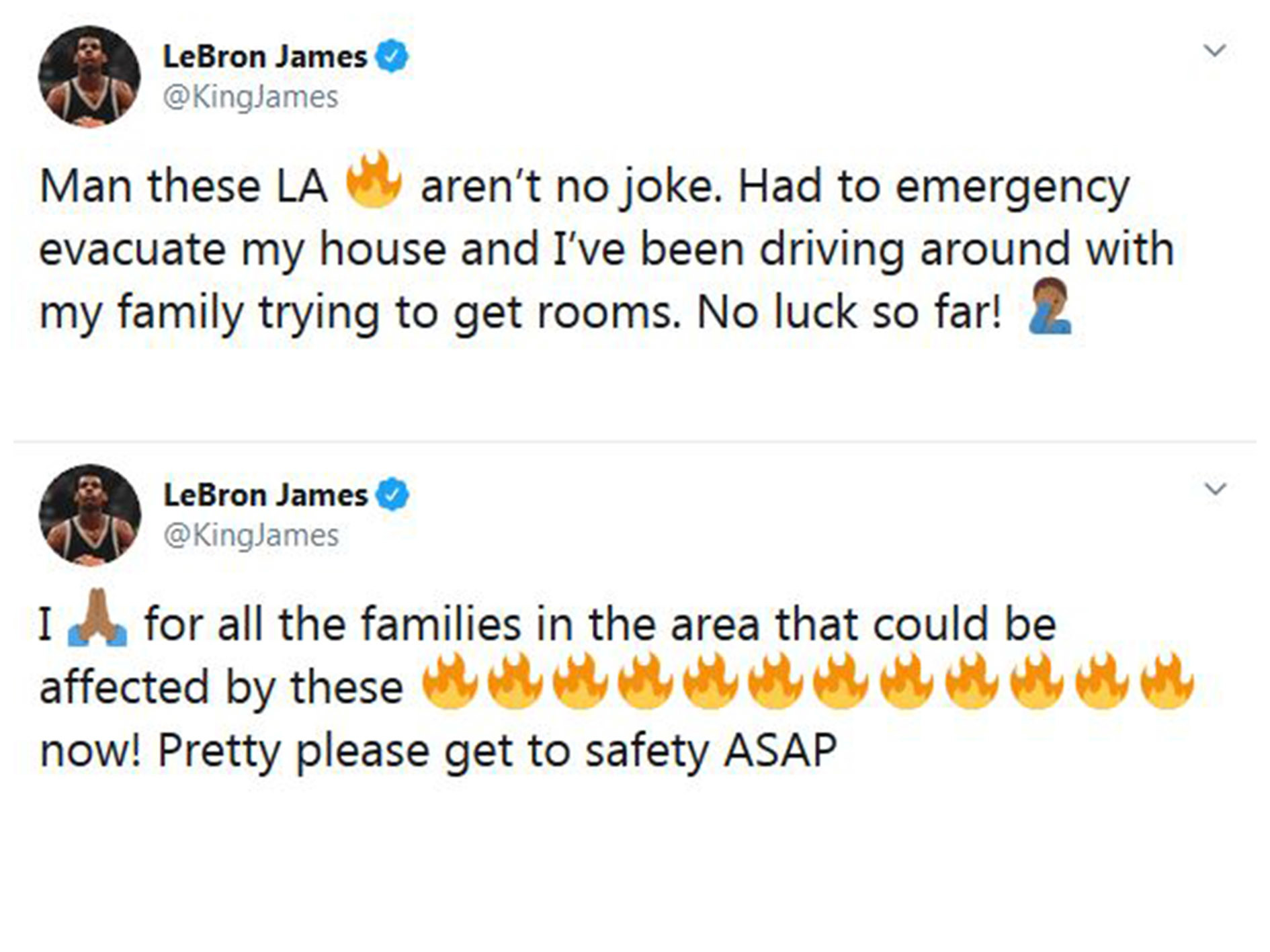 Anche LeBron James tra gli evacuati in California