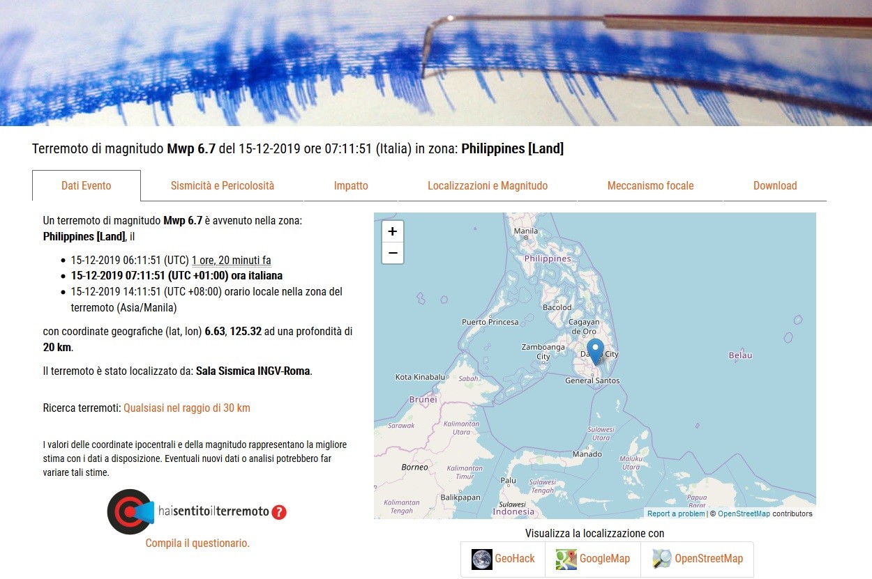 Filippine, sisma di magnitudo 6.8 sull’isola di Mindanao: un morto e feriti