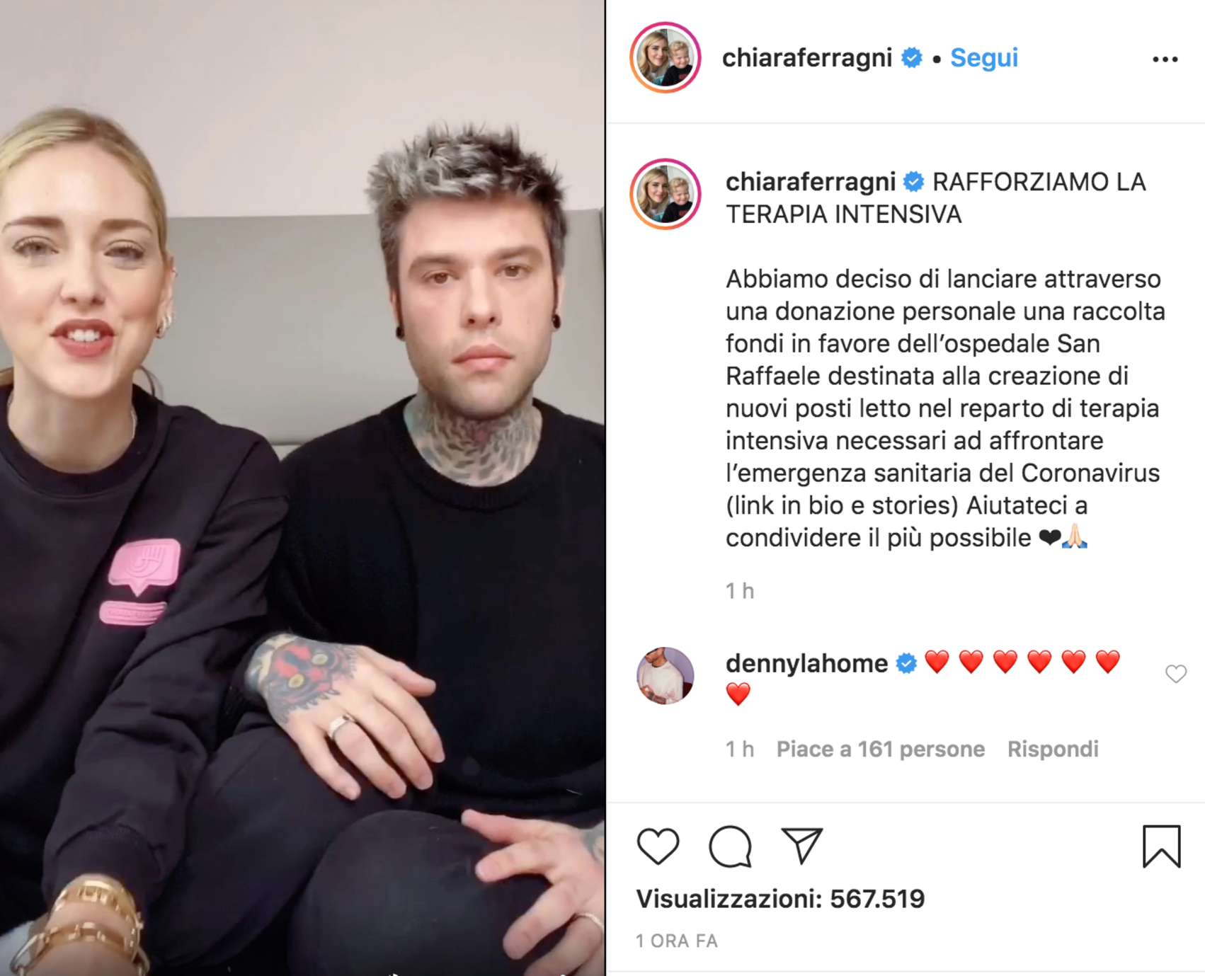 Coronavirus, Ferragni e Fedez: raccolta fondi per San Raffaele: raccolto già 1,5 mln di euro