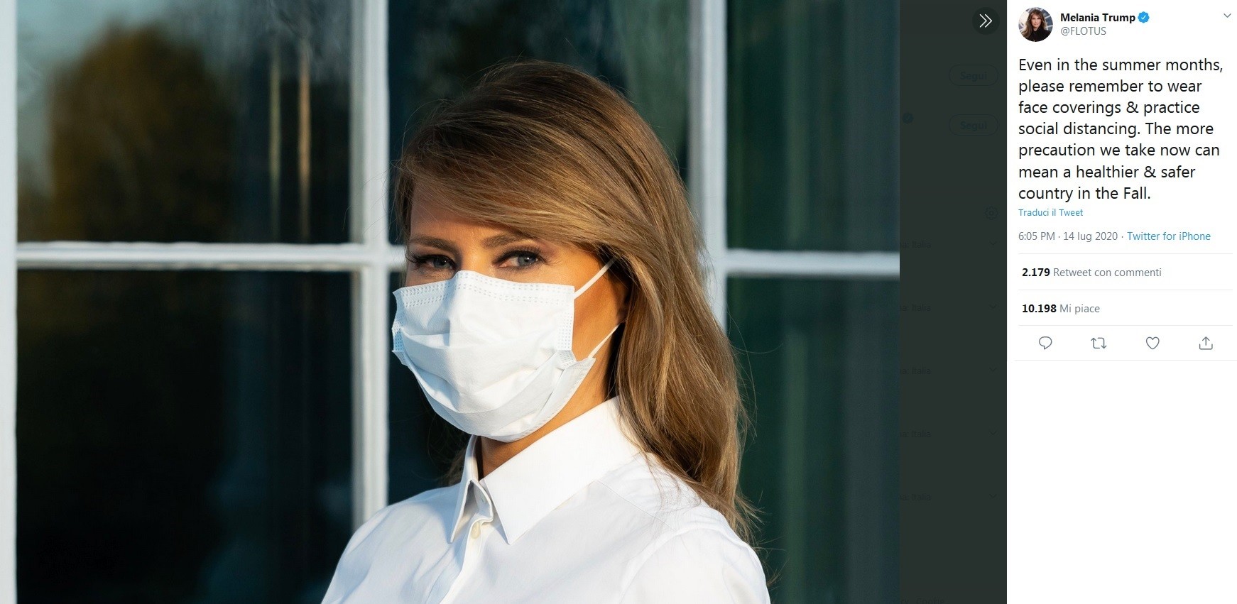 Coronavirus, Melania Trump su Twitter con la mascherina: Indossatela