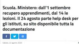 Scuola: riapertura dal primo settembre, dal 14 lezioni