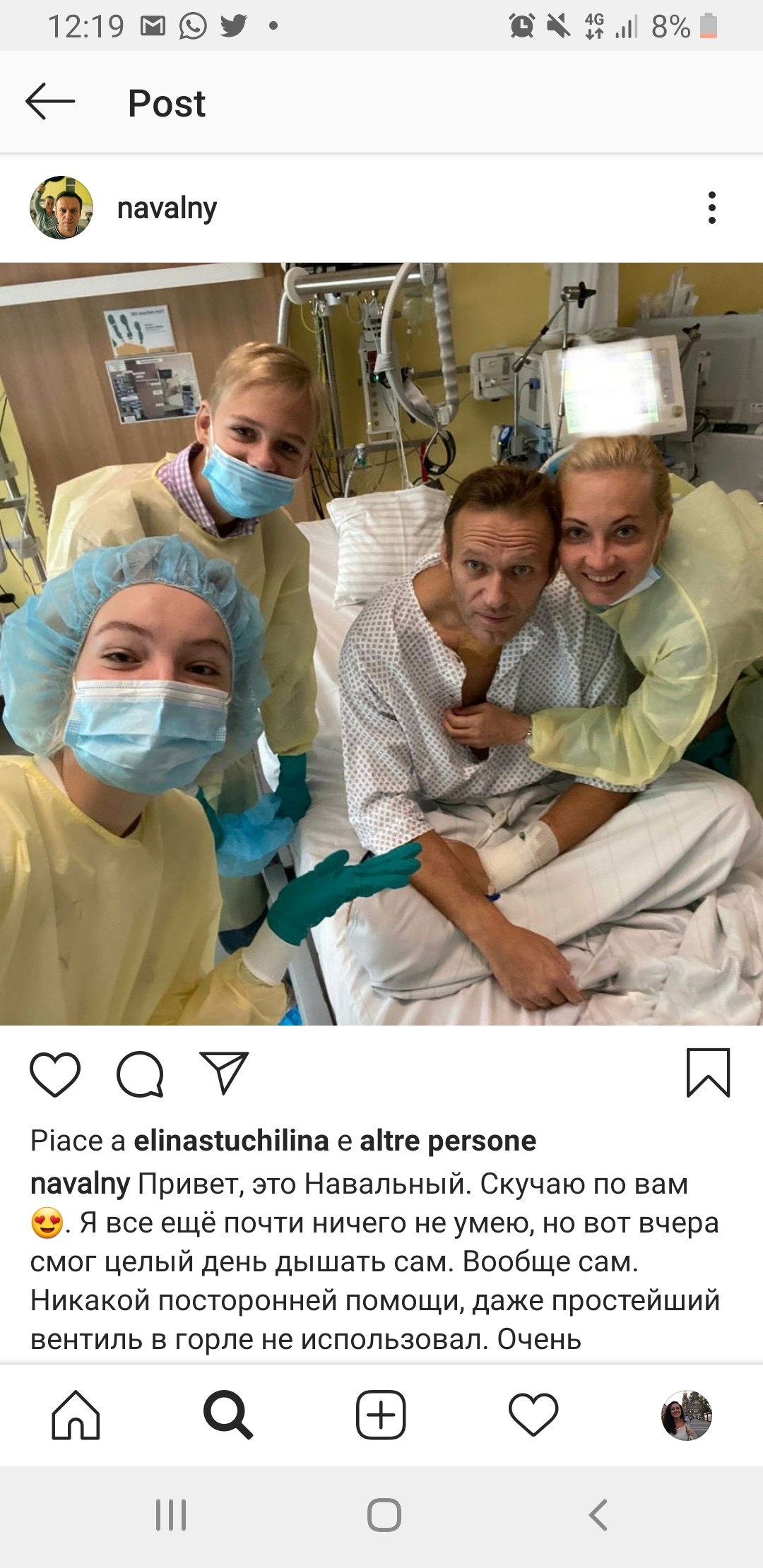 Navalny, prima foto su Instagram da ospedale: Respiro da solo