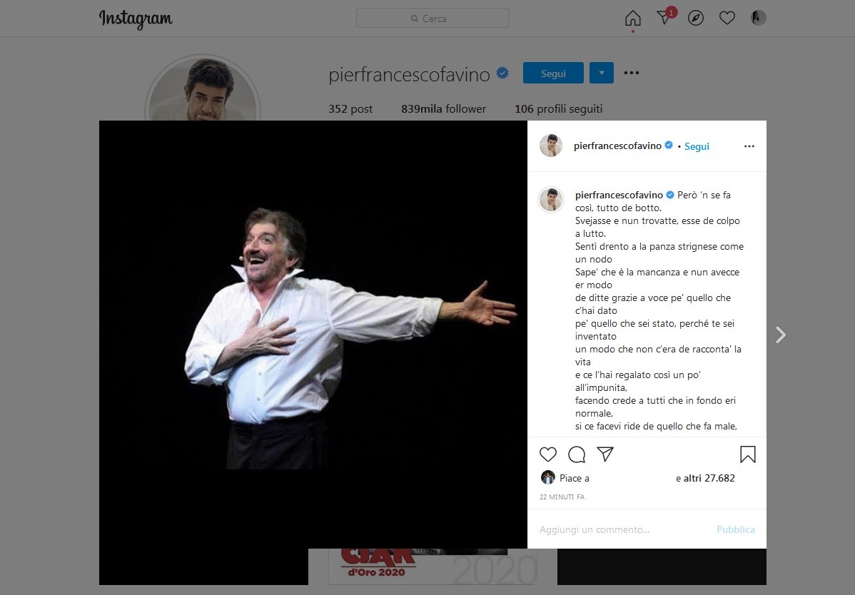 Gigi Proietti, Favino gli dedica un sonetto: ‘Però ‘n se fa così’