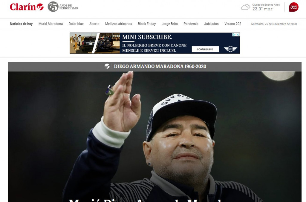 Galleria foto 'Commozione nel mondo: la scomparsa di Maradona sui maggiori quotidiani' - foto 8