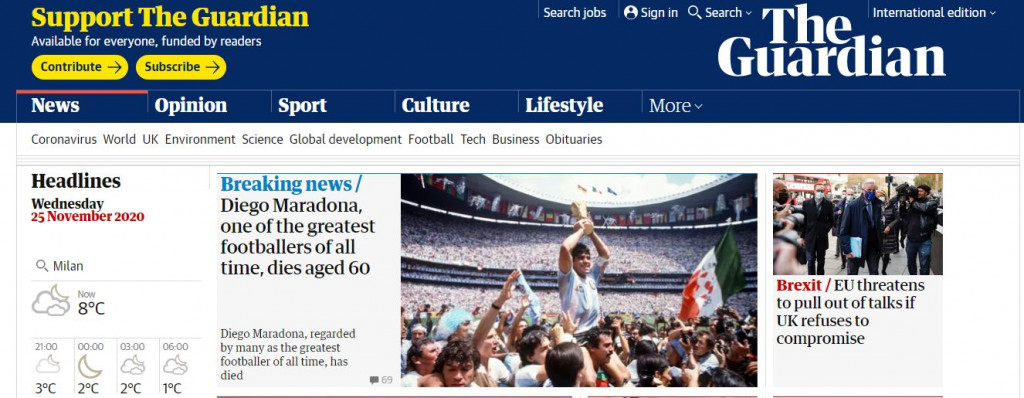 Galleria foto 'Commozione nel mondo: la scomparsa di Maradona sui maggiori quotidiani' - foto 3