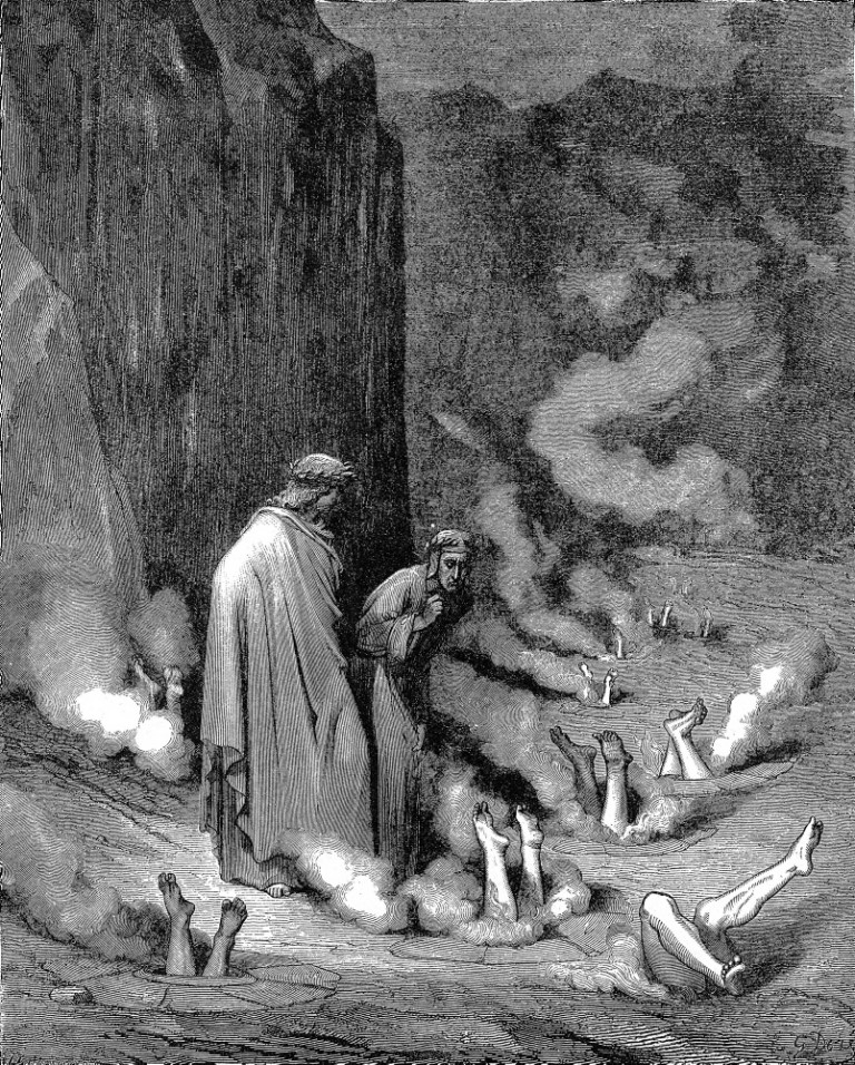 Dante, guidato da Virgilio, nel terzo golfo dell’ottavo cerchio