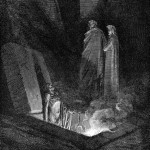 Dante, con vicino la sua guida Virgilio, guarda uno dei peccatori che brucia all’inferno nelle loro tombe aperte