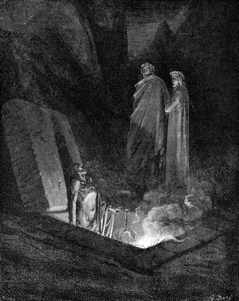 Dante, con vicino la sua guida Virgilio, guarda uno dei peccatori che brucia all’inferno nelle loro tombe aperte