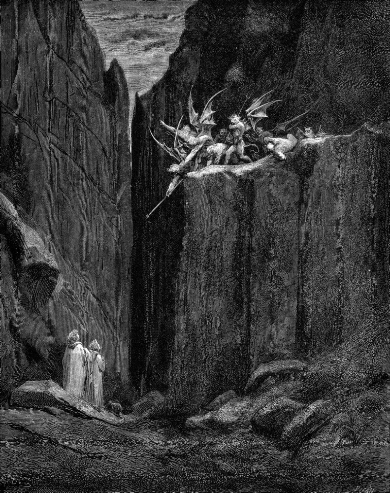 Dante viene protetto da Virgilio dal danno dei demonI