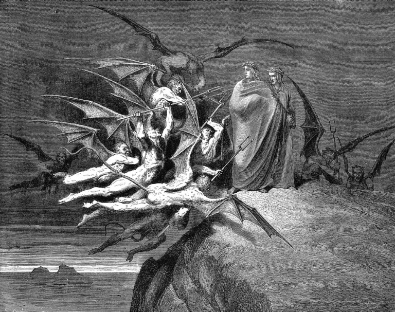 Dante viene protetto da Virgilio dal danno dei demoni