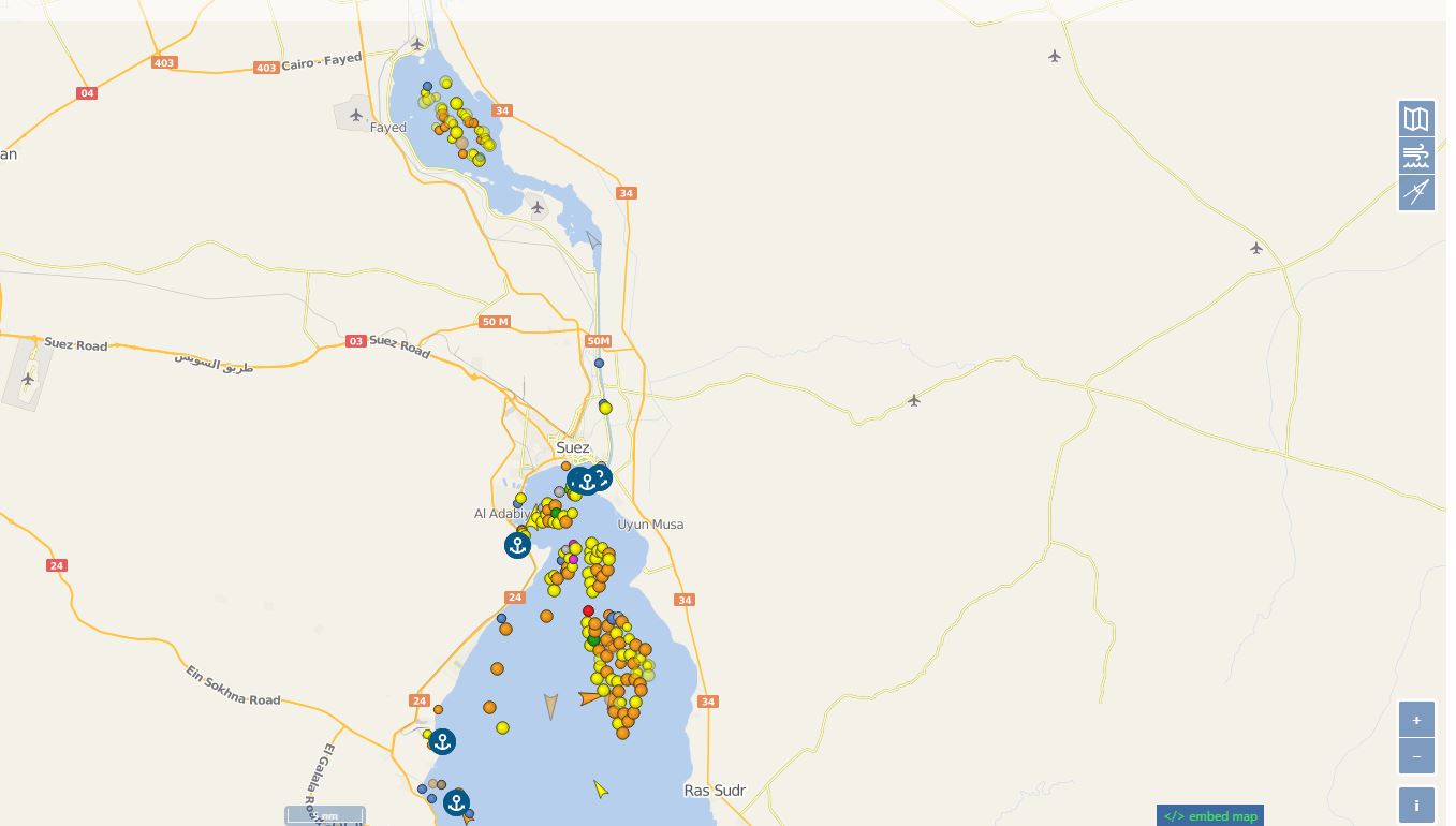 Nave incagliata nel Canale di Suez: la mappa mostra le imbarcazioni bloccate