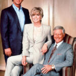 Dallas: Patrick Duffy (Bobby Ewing), Linda Gray (Sue Ellen,moglie di J.R.) e Larry Hagman (J.R. Ewing)