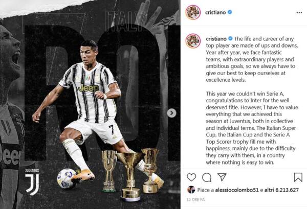 Juve, il post di Ronaldo su Instagram sa di addio: "Grazie per questo viaggio, vinto tutto anche in Italia"