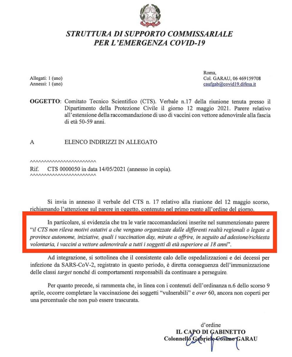Toti pubblica la lettera del Cts che dava via libera a open day AstraZeneca per over 18