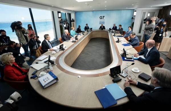 Il presidente del consiglio Mario Draghi al secondo giorno del vertice G7