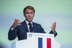 Emmanuel Macron,Emmanuel Macron attends the local businesses union meeting in Paris